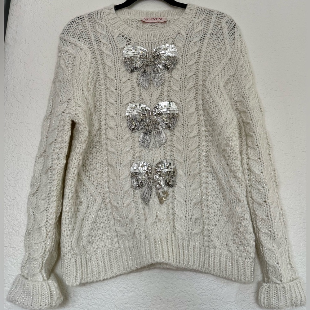 Valentino Ivory Wool Blend Sweater with Silver Beaded Bows Cable Knit Size S